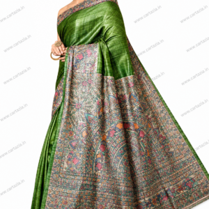 Pure Tussar Ghicha Silk Saree with Half Body Handpainted Madhubani Art 008