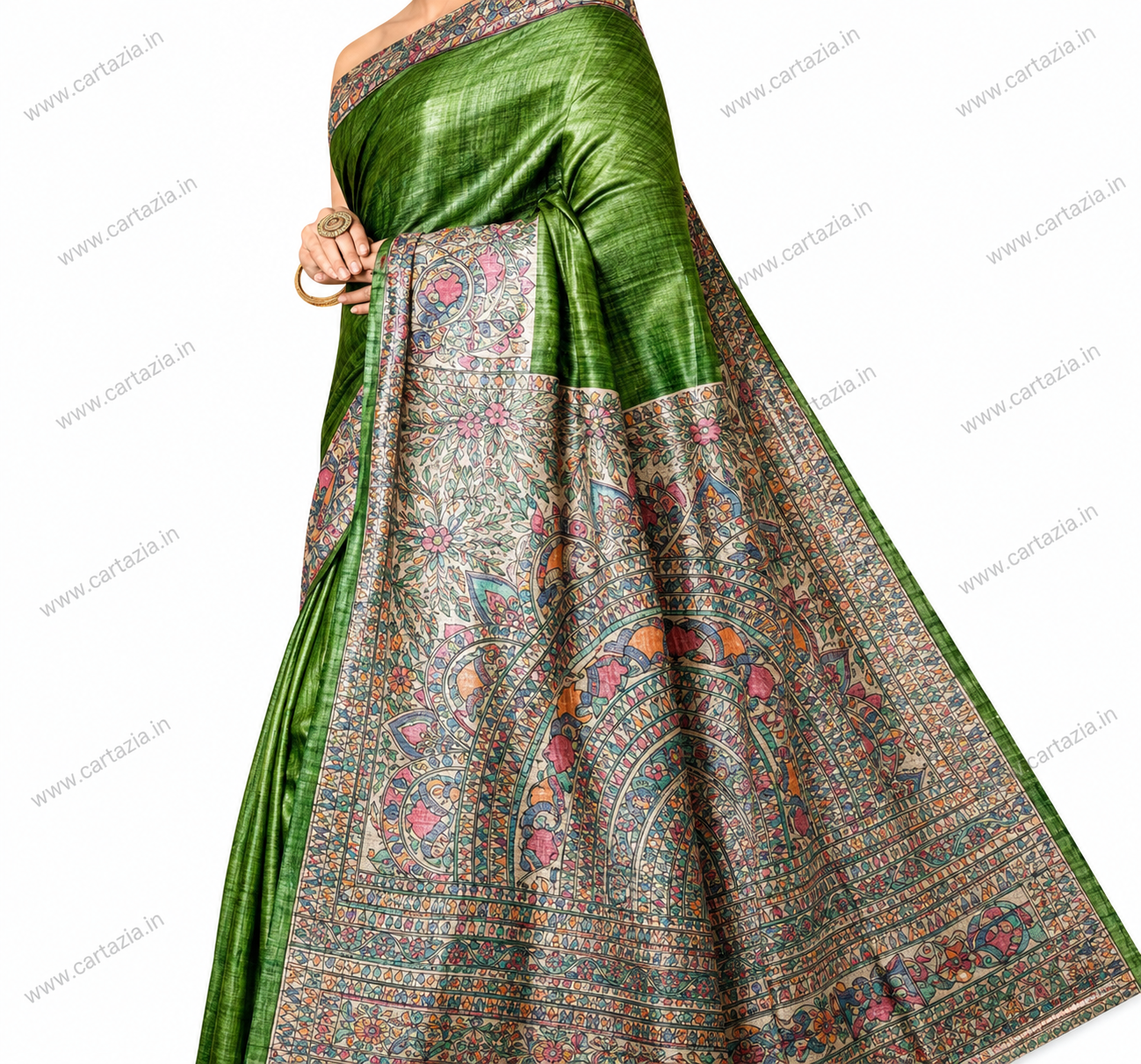 Pure Tussar Ghicha Silk Saree with Half Body Handpainted Madhubani Art 008