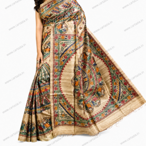 Pure Tussar Ghicha Silk Saree with Half Body Handpainted Madhubani Art 009