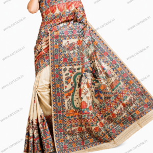 Pure Tussar Ghicha Silk Saree with Half Body Handpainted Madhubani Art 010