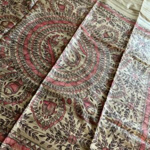 Handloom Pure Tussar Ghicha Silk Saree with Handpainted Madhubani Anchal & Border