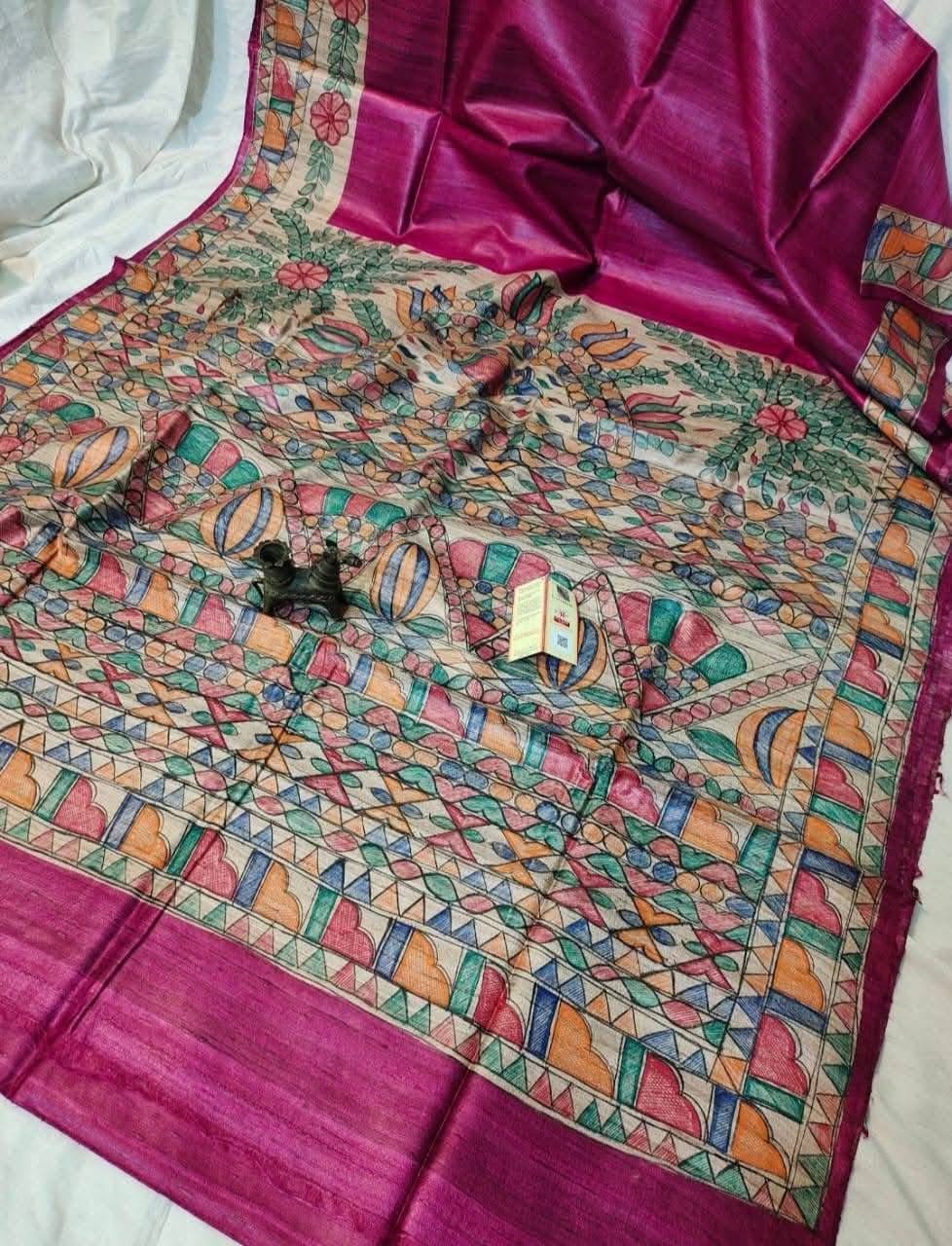 Handloom Pure Tussar Ghicha Silk Saree with Handpainted Madhubani Anchal & Border 3 Handloom Pure Tussar Ghicha Silk Saree featuring handpainted Madhubani art on the anchal and border