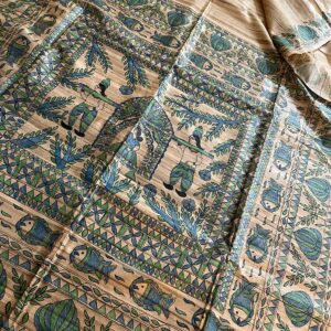 Handloom Pure Tussar Ghicha Silk Saree with Handpainted Madhubani Anchal & Border
