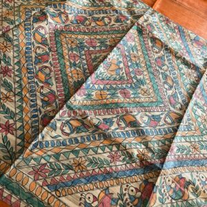 Handloom Pure Tussar Ghicha Silk Saree with Handpainted Madhubani Anchal & Border