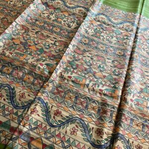 Handloom Pure Tussar Ghicha Silk Saree with Handpainted Madhubani Anchal & Border