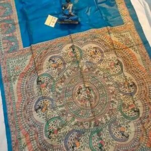 Handloom Pure Tussar Ghicha Silk Saree with Handpainted Madhubani Anchal & Border