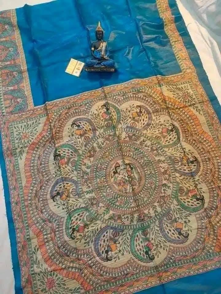 Handloom Pure Tussar Ghicha Silk Saree with Handpainted Madhubani Anchal & Border 1 Handloom Pure Tussar Ghicha Silk Saree featuring handpainted Madhubani art on the anchal and border
