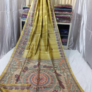 Handloom Pure Tussar Ghicha Silk Saree with Handpainted Madhubani Anchal & Border