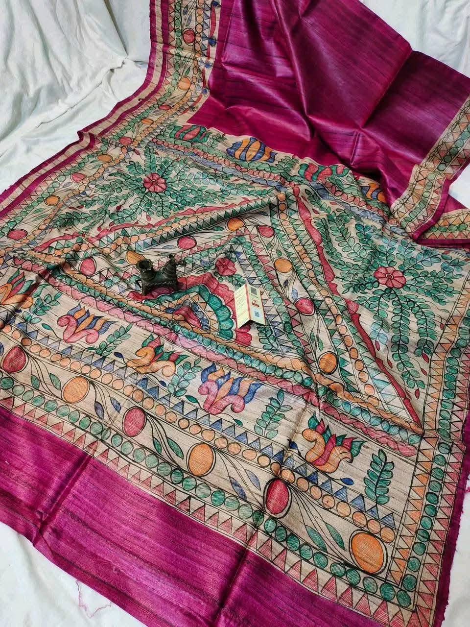 Handloom Pure Tussar Ghicha Silk Saree with Handpainted Madhubani Anchal & Border 1 Handloom Pure Tussar Ghicha Silk Saree featuring handpainted Madhubani art on the anchal and border