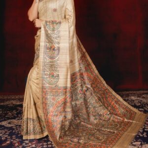 Handloom Pure Tussar Ghicha Silk Saree with Handpainted Madhubani Anchal & Border