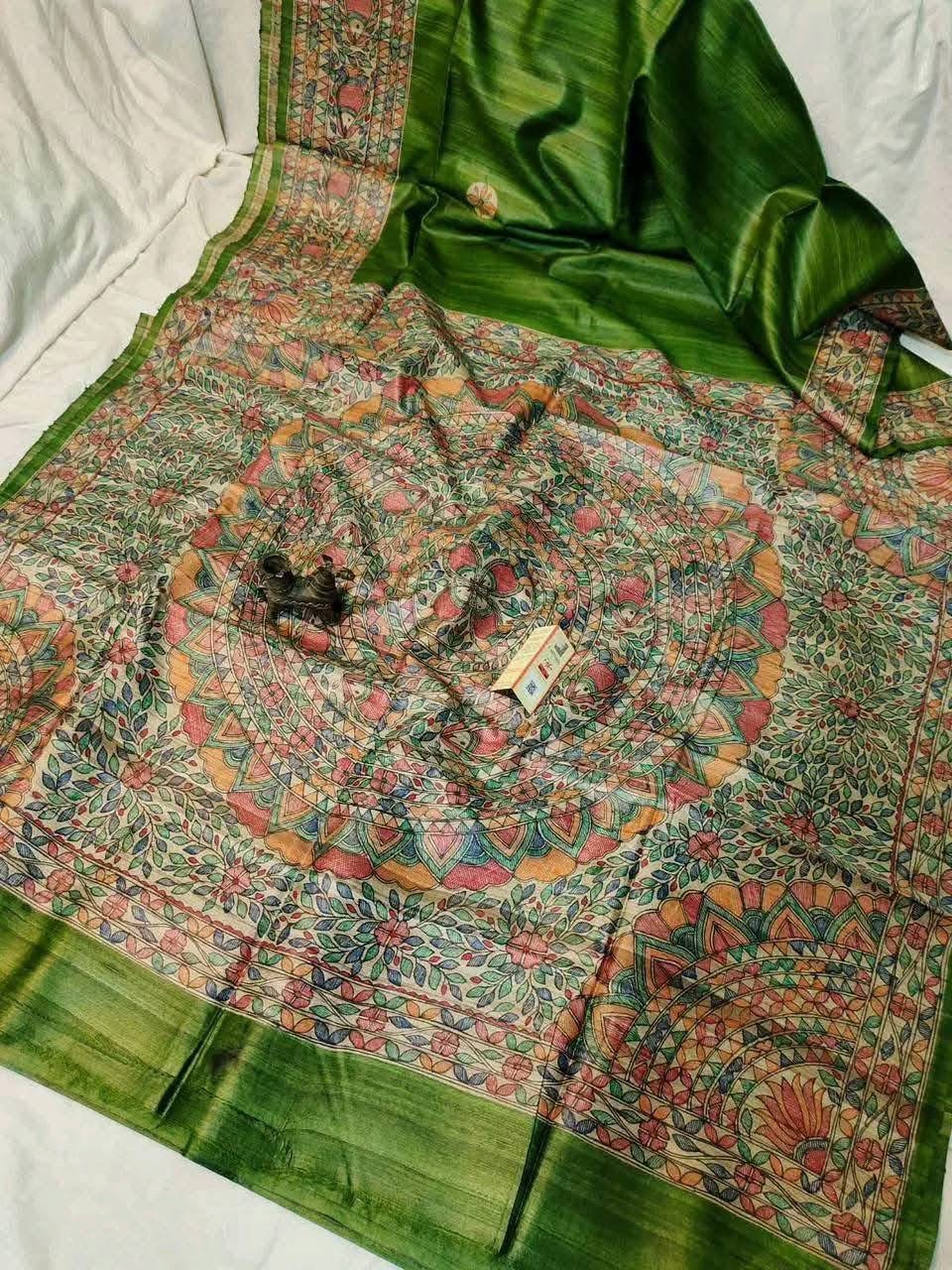 Handloom Pure Tussar Ghicha Silk Saree with Handpainted Madhubani Anchal & Border 3 Handloom Pure Tussar Ghicha Silk Saree featuring handpainted Madhubani art on the anchal and border