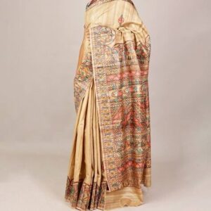 Handloom Pure Tussar Ghicha Silk Saree with Handpainted Madhubani Anchal & Border Art44