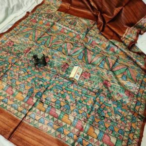 Handloom Pure Tussar Ghicha Silk Saree with Handpainted Madhubani Anchal & Border