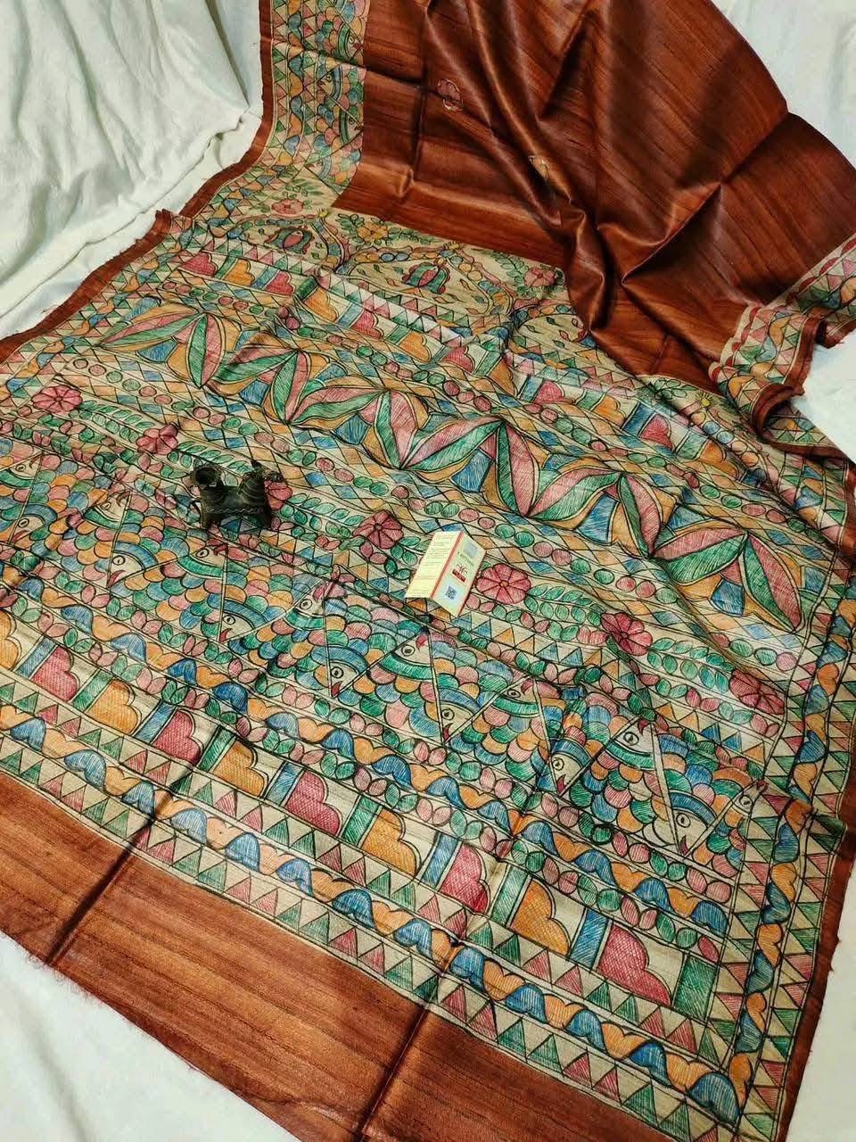 Handloom Pure Tussar Ghicha Silk Saree with Handpainted Madhubani Anchal & Border 2 Handloom Pure Tussar Ghicha Silk Saree featuring handpainted Madhubani art on the anchal and border
