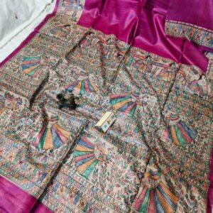 Handloom Pure Tussar Ghicha Silk Saree with Handpainted Madhubani Anchal & Border