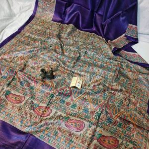 Handloom Pure Tussar Ghicha Silk Saree with Handpainted Madhubani Anchal & Border
