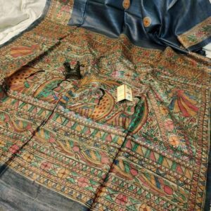 Handloom Pure Tussar Ghicha Silk Saree with Handpainted Madhubani Anchal & Border