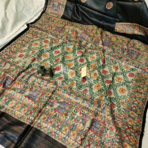 Handloom Pure Tussar Ghicha Silk Saree with Handpainted Madhubani Anchal & Border