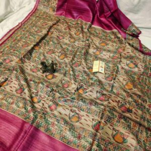 Handloom Pure Tussar Ghicha Silk Saree with Handpainted Madhubani Anchal & Border