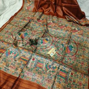 Handloom Pure Tussar Ghicha Silk Saree with Handpainted Madhubani Anchal & Border
