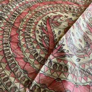Handloom Pure Tussar Ghicha Silk Saree with Handpainted Madhubani Anchal & Border