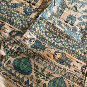 Handloom Pure Tussar Ghicha Silk Saree with Handpainted Madhubani Anchal & Border