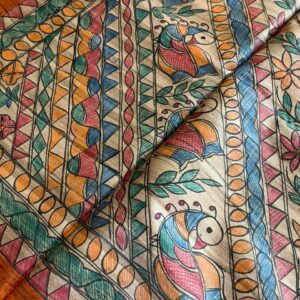 Handloom Pure Tussar Ghicha Silk Saree with Handpainted Madhubani Anchal & Border
