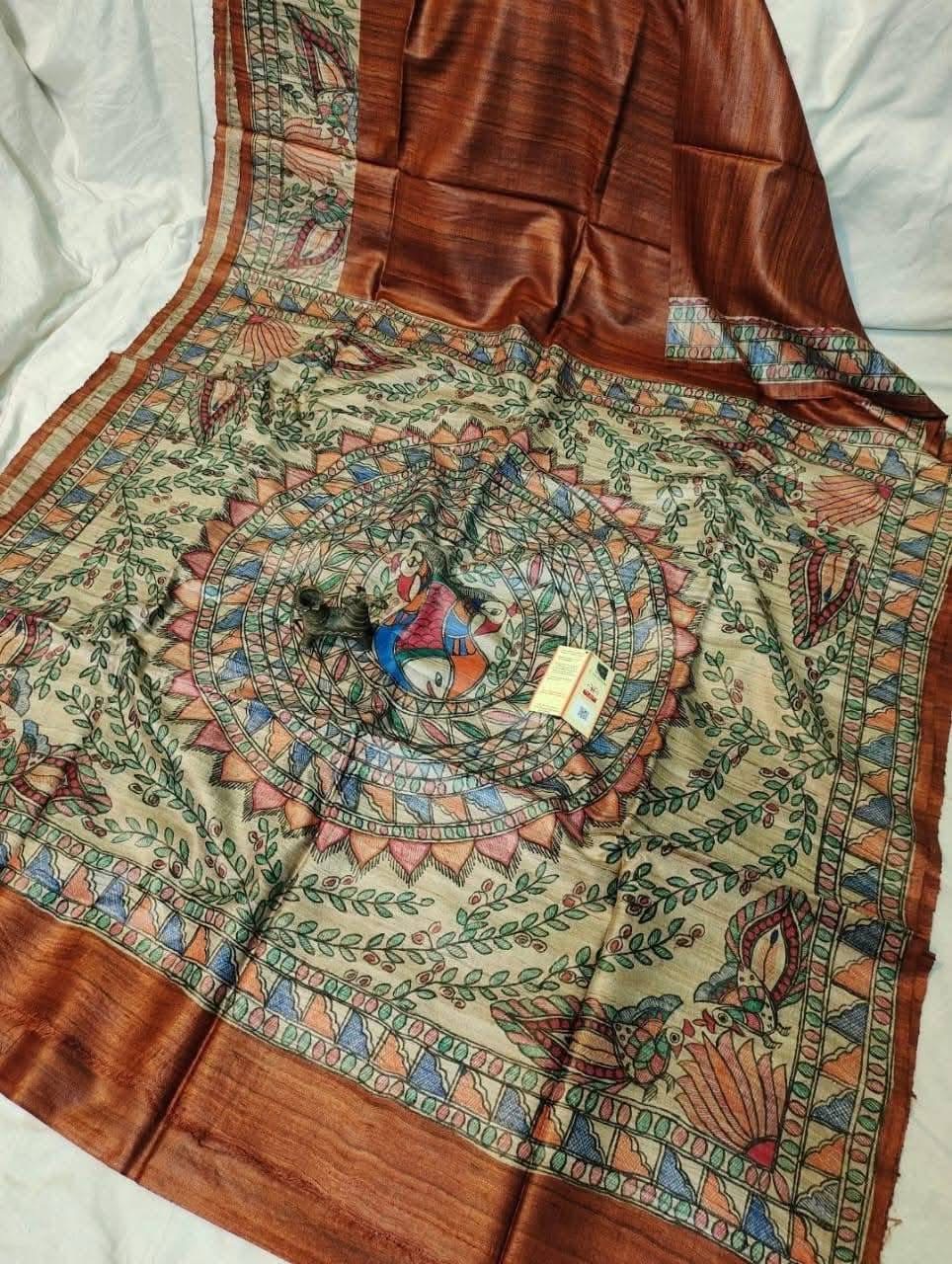 Handloom Pure Tussar Ghicha Silk Saree with Handpainted Madhubani Anchal & Border 2 Handloom Pure Tussar Ghicha Silk Saree featuring handpainted Madhubani art on the anchal and border