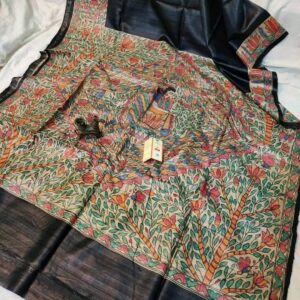 Handloom Pure Tussar Ghicha Silk Saree with Handpainted Madhubani Anchal & Border
