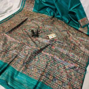 Handloom Pure Tussar Ghicha Silk Saree with Handpainted Madhubani Anchal & Border