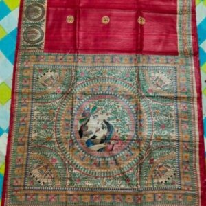 Handloom Pure Tussar Ghicha Silk Saree with Handpainted Madhubani Anchal & Border