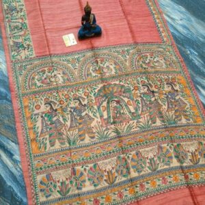 Handloom Pure Tussar Ghicha Silk Saree with Handpainted Madhubani Anchal & Border