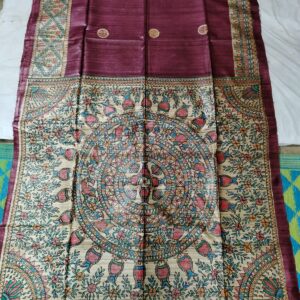 Handloom Pure Tussar Ghicha Silk Saree with Handpainted Madhubani Anchal & Border