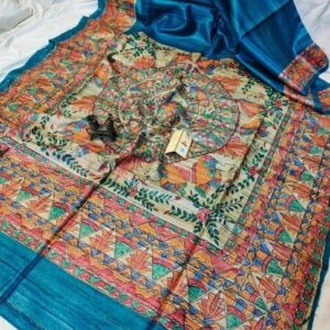 Handloom Pure Tussar Ghicha Silk Saree with Handpainted Madhubani Anchal & Border