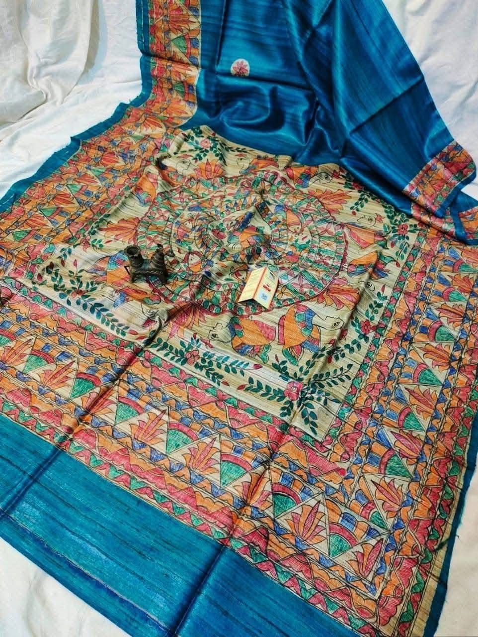 Handloom Pure Tussar Ghicha Silk Saree with Handpainted Madhubani Anchal & Border 2 Handloom Pure Tussar Ghicha Silk Saree featuring handpainted Madhubani art on the anchal and border