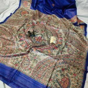 Handloom Pure Tussar Ghicha Silk Saree with Handpainted Madhubani Anchal & Border