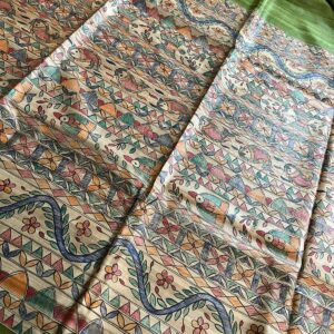 Handloom Pure Tussar Ghicha Silk Saree with Handpainted Madhubani Anchal & Border