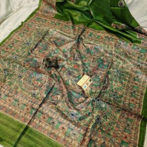 Handloom Pure Tussar Ghicha Silk Saree with Handpainted Madhubani Anchal & Border