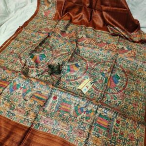 Handloom Pure Tussar Ghicha Silk Saree with Handpainted Madhubani Anchal & Border
