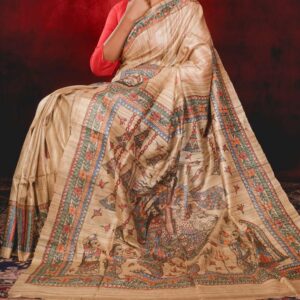 Handloom Pure Tussar Ghicha Silk Saree with Handpainted Madhubani Anchal & Border