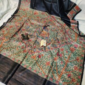 Handloom Pure Tussar Ghicha Silk Saree with Handpainted Madhubani Anchal & Border