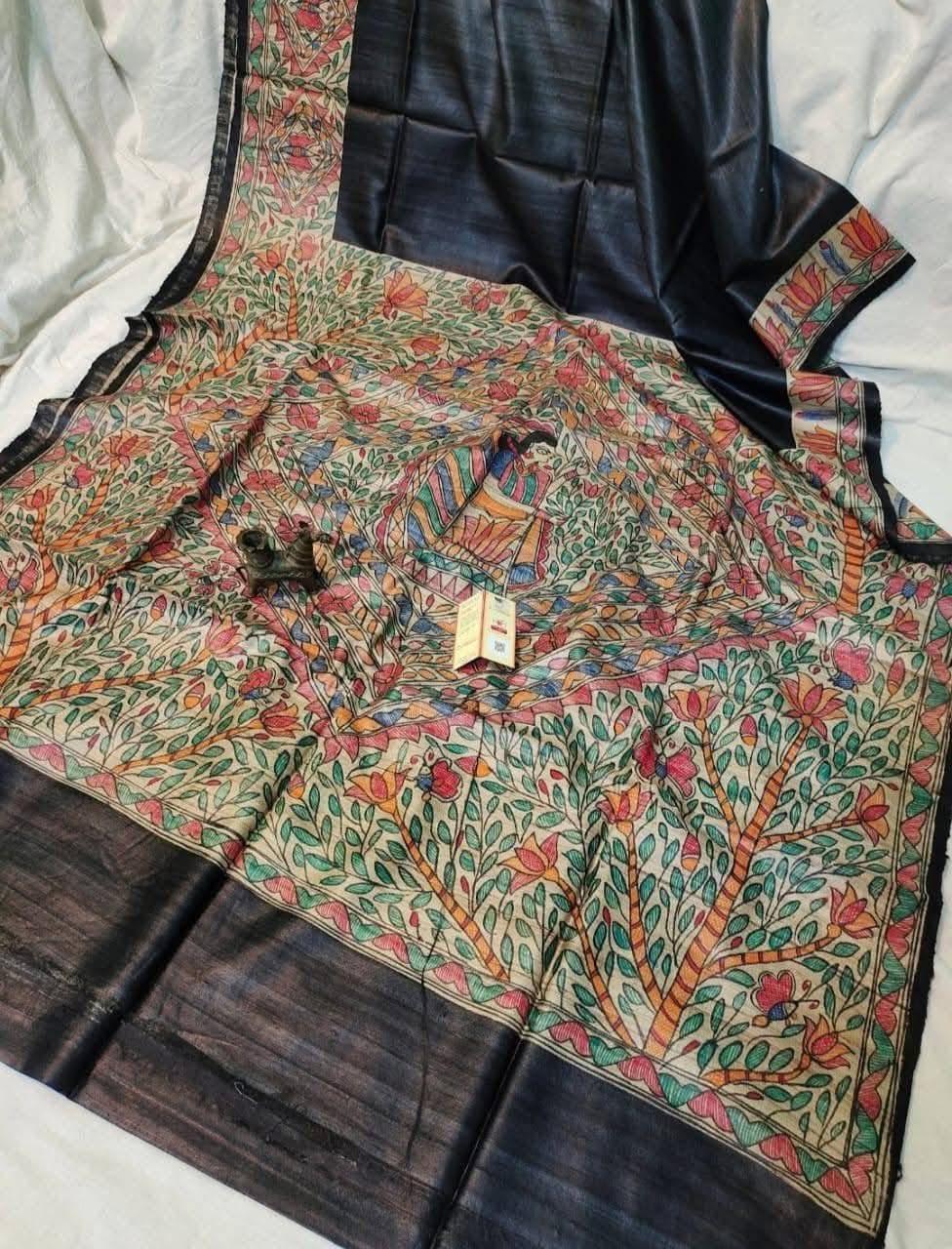 Handloom Pure Tussar Ghicha Silk Saree with Handpainted Madhubani Anchal & Border 1 Handloom Pure Tussar Ghicha Silk Saree featuring handpainted Madhubani art on the anchal and border