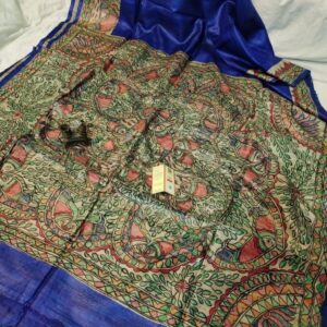 Handloom Pure Tussar Ghicha Silk Saree with Handpainted Madhubani Anchal & Border