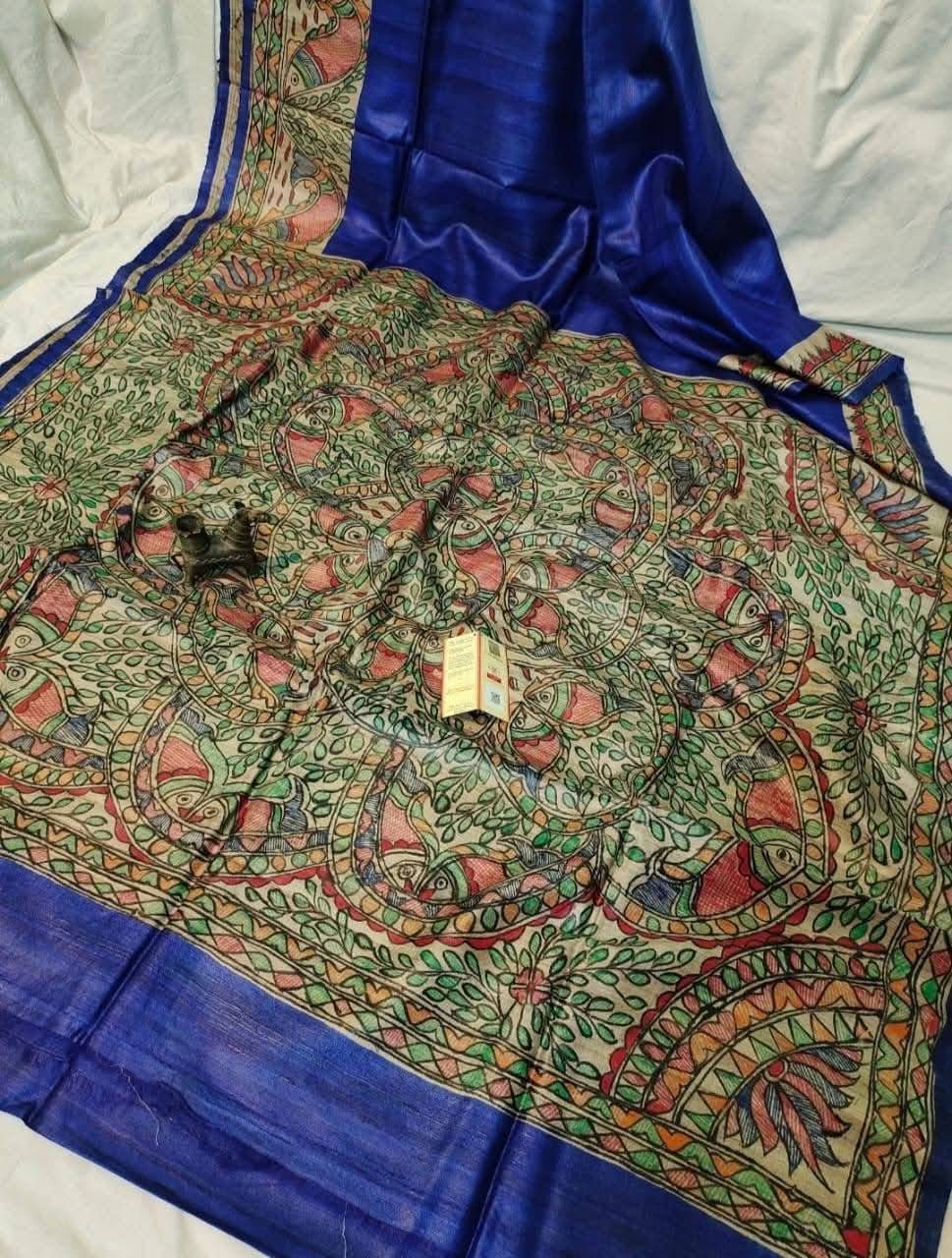 Handloom Pure Tussar Ghicha Silk Saree with Handpainted Madhubani Anchal & Border 3 Handloom Pure Tussar Ghicha Silk Saree featuring handpainted Madhubani art on the anchal and border