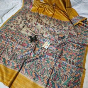 Handloom Pure Tussar Ghicha Silk Saree with Handpainted Madhubani Anchal & Border