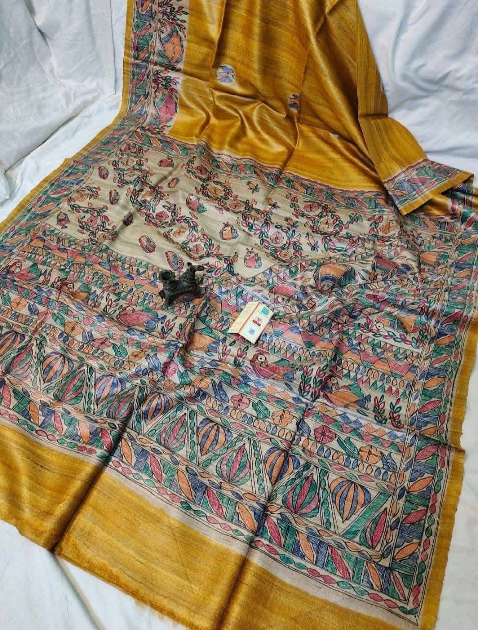 Handloom Pure Tussar Ghicha Silk Saree with Handpainted Madhubani Anchal & Border 2 Handloom Pure Tussar Ghicha Silk Saree featuring handpainted Madhubani art on the anchal and border