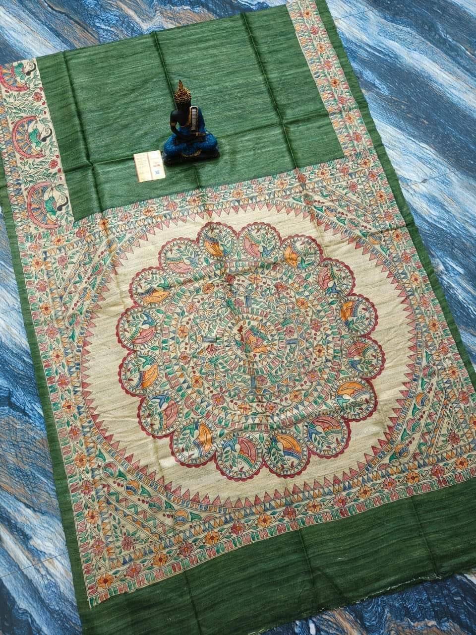 Handloom Pure Tussar Ghicha Silk Saree with Handpainted Madhubani Anchal & Border