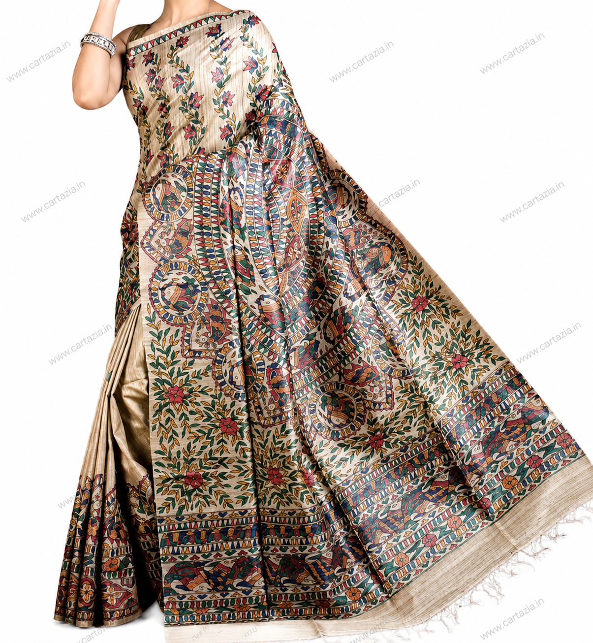 Half body Madhubani handpainted pure Tussar Ghicha silk saree close up design