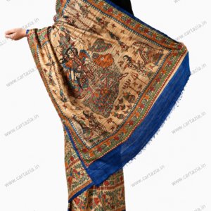 Pure Tussar Ghicha Silk Saree with Half Body Handpainted Madhubani Art 015