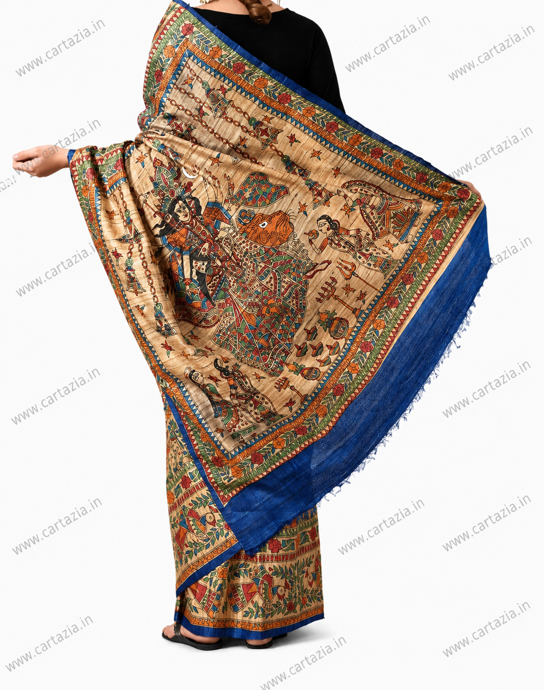 Pure Tussar Ghicha Silk Saree with Half Body Handpainted Madhubani Art 015 2 Pure Tussar Ghicha Silk Saree with Half Body Handpainted Madhubani Art 015